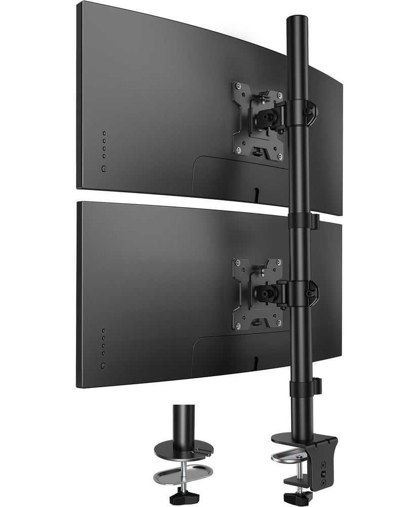 HUANUO Vertical Dual Monitor Mount, Stacked Monitor Stand for 2 Monitors with Height Adjustment Computer Monitor Arm Supports Two 17 to 32 Inch with C Clamp Each Desk Mount Hold up to 17.6lbs - Image 1